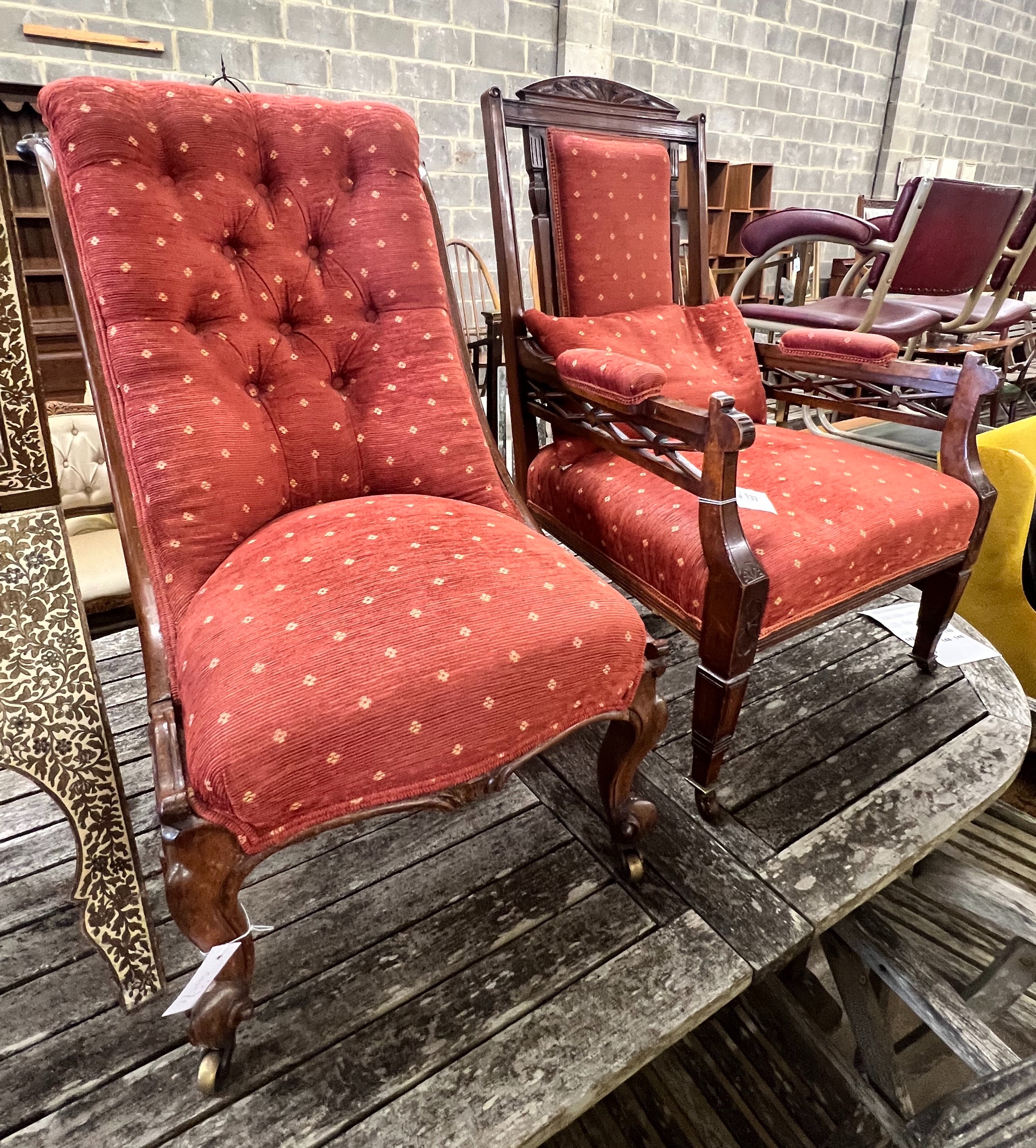 A late Victorian mahogany open armchair and an early Victorian rosewood nursing chair